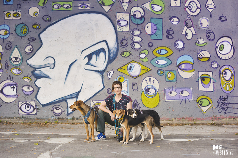 Me and my dogs in front of a graffiti wall in Ljubljana, Metelkova mesto, dog photography Europe, www.DOGvision.eu