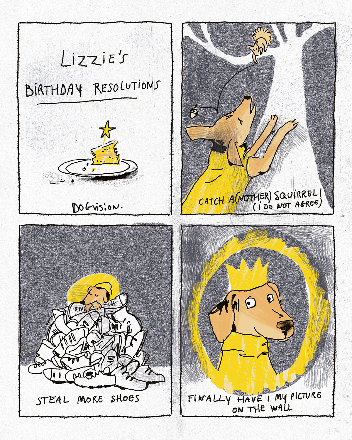 Birthday dog resolutions comic, dog drawing, www.DOGvision.eu